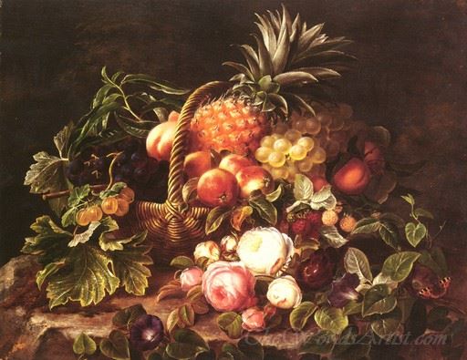 A Still Life Of A Basket Of Fruit And Roses